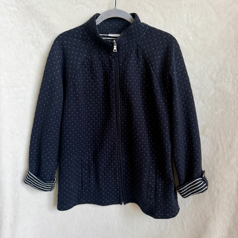 Croft Barrow Petite Navy White Dot Quilted Zip Jacket Striped Cuffs Size PL